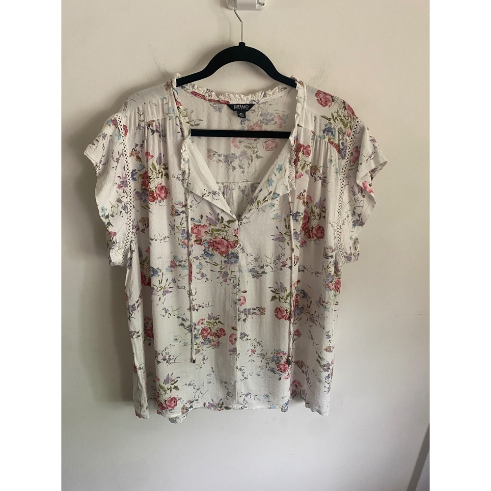 Buffalo David Bitton Women XXL Floral Blouse Tie‎ Neck Lace Trim White Pink Boho